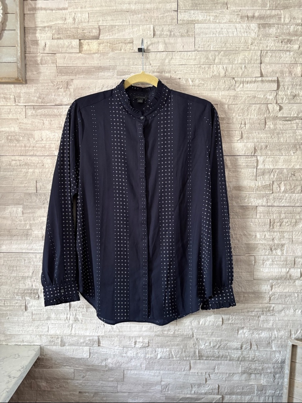 Ann Taylor Navy Dot-Print Long Sleeve Dress Shirt